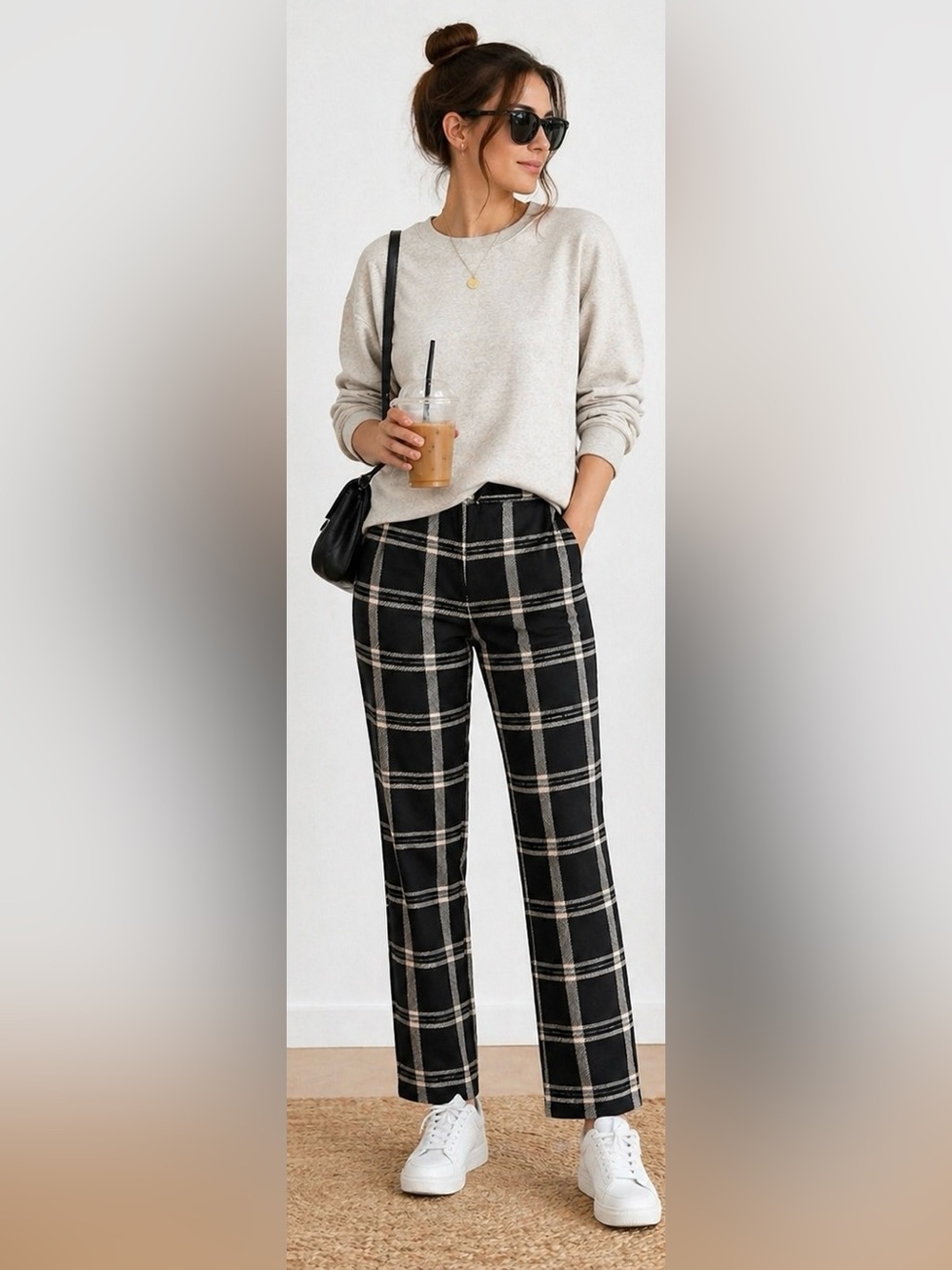 J&L Atelier Plaid Pants Size M Black Cream Straight Leg Pull-On Stretch